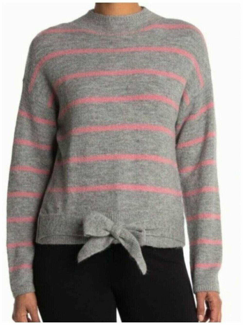 Wayf Grey Pink Stripe Tie Front Waist Mock Neck Pullover Sweater MEDIUM NEW
